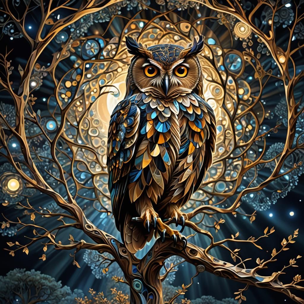 Cubist Owl on Fractal Tree Under Moonlight