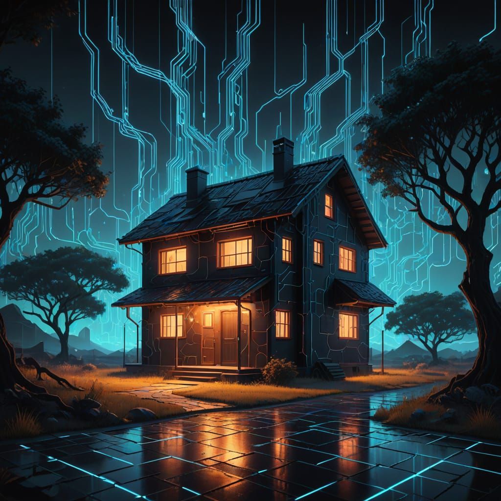 Digital House Made of Code with Neon Accents