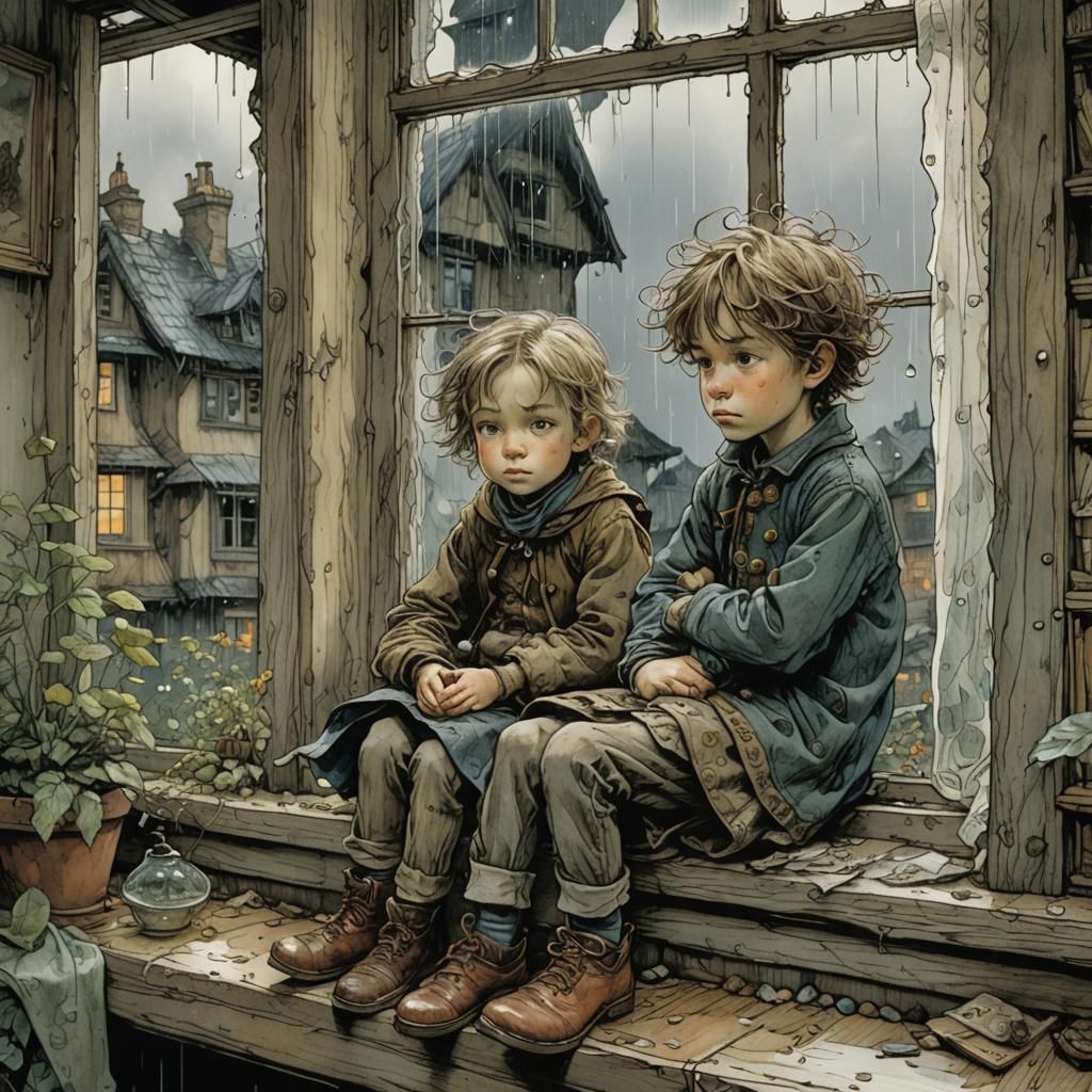 Children Watching Rain, Illustrated in Whimsical Style