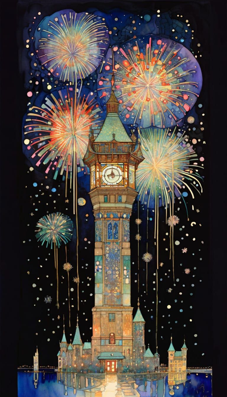 Fireworks Dance in Elegant Ink and Watercolour Art