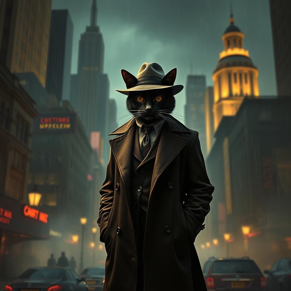 Noir Black Cat Detective in Rainy Cityscape