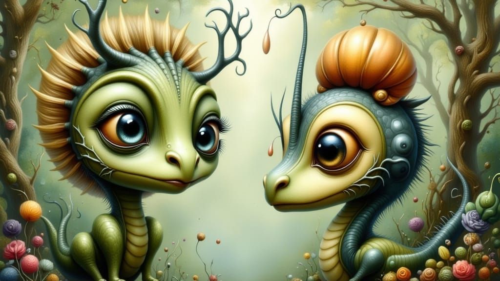 Two whimsical serpent dragons meet for the first time