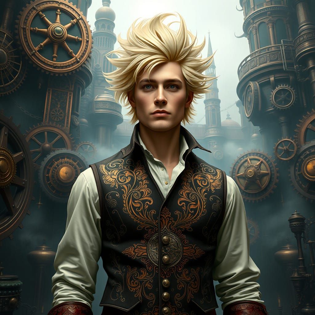Steampunk Gentleman in Copper-Hued Gearwork Paradise