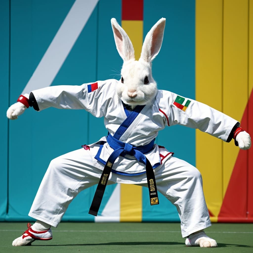 Rabbit doing Tae Kwon Do at the Olympics (Dreamshaper XL Alpha - Clarity Upscale 50%)