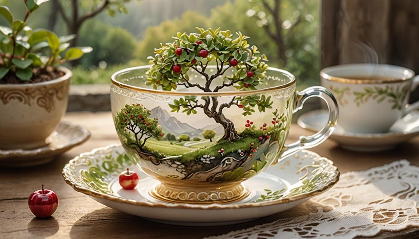 Miniature Teacup Orchard in Watercolor Style