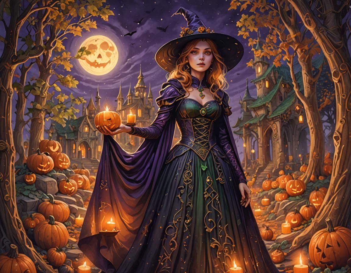 Young Witch Surrounded by Halloween Decor
