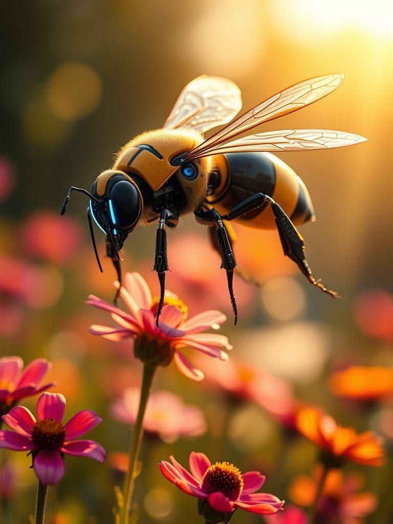 Robotic Bee in Futuristic Meadown Landscape
