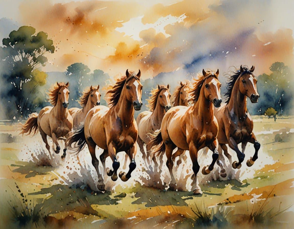 Horses in a Vibrant Watercolour Landscape