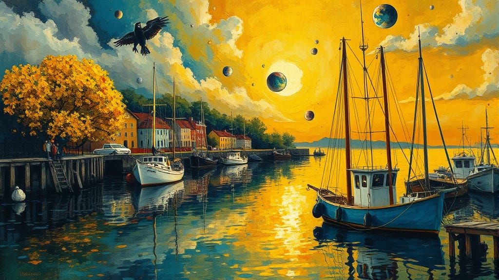 Vibrant Yellow Harbour Scene in Maximalist Surrealist Style
