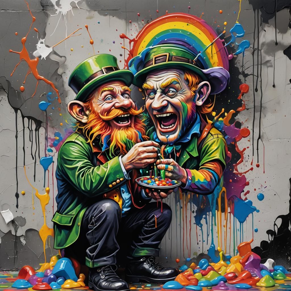 A rainbow choking a leprechaun