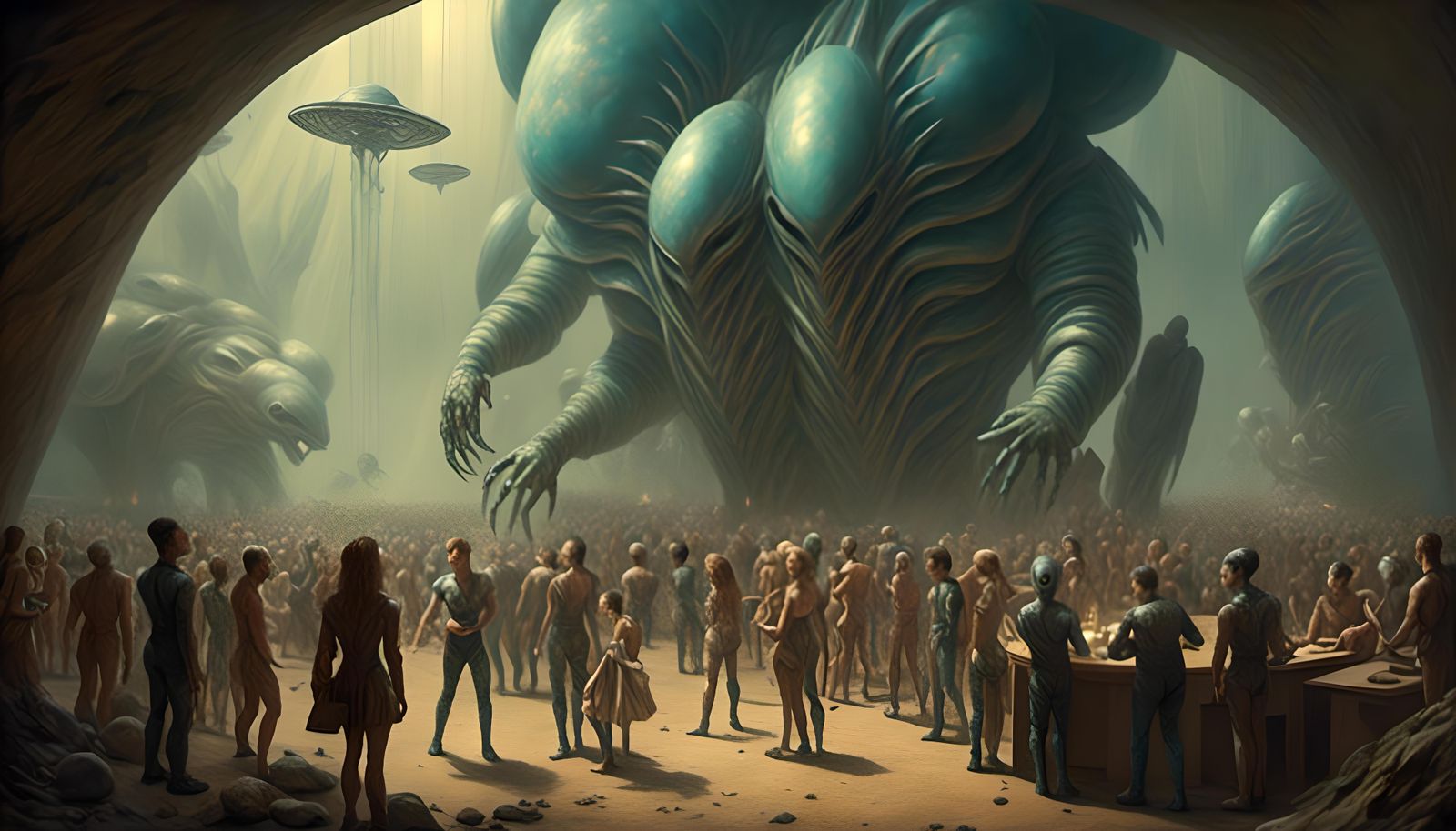 Subterranean Bank with Alien Staff in Sci-Fi Style