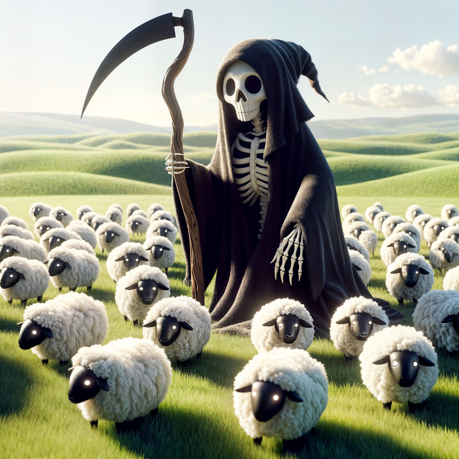 Grim Reaper Tends to Flock in Cartoon-Style Meadow
