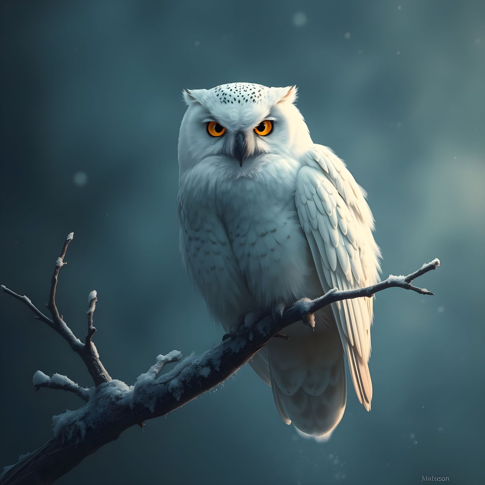 Mystical Winter Scene with Majestic White Owl and Swirling M...