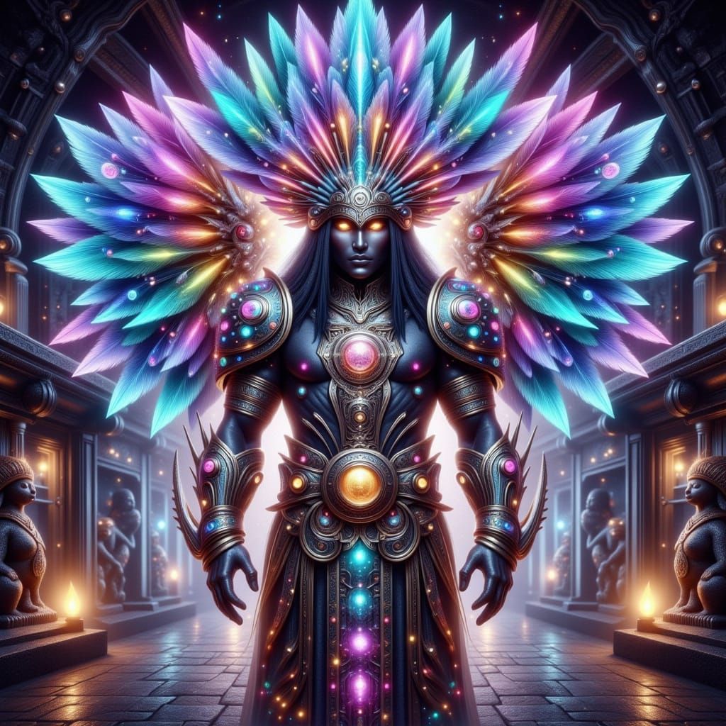 Surrealist Warrior Stands Guard at Temple Threshold in Futur...