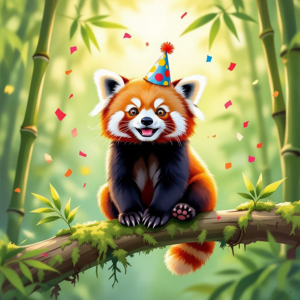 Red Panda Celebrates with Confetti in Whimsical Watercolor S...