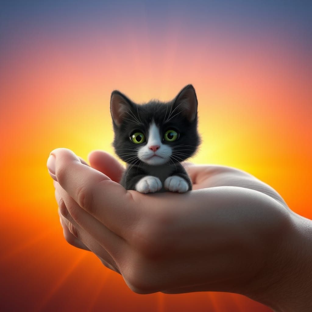 Tiny Cat in Giant Hand: 3D Rendered Art