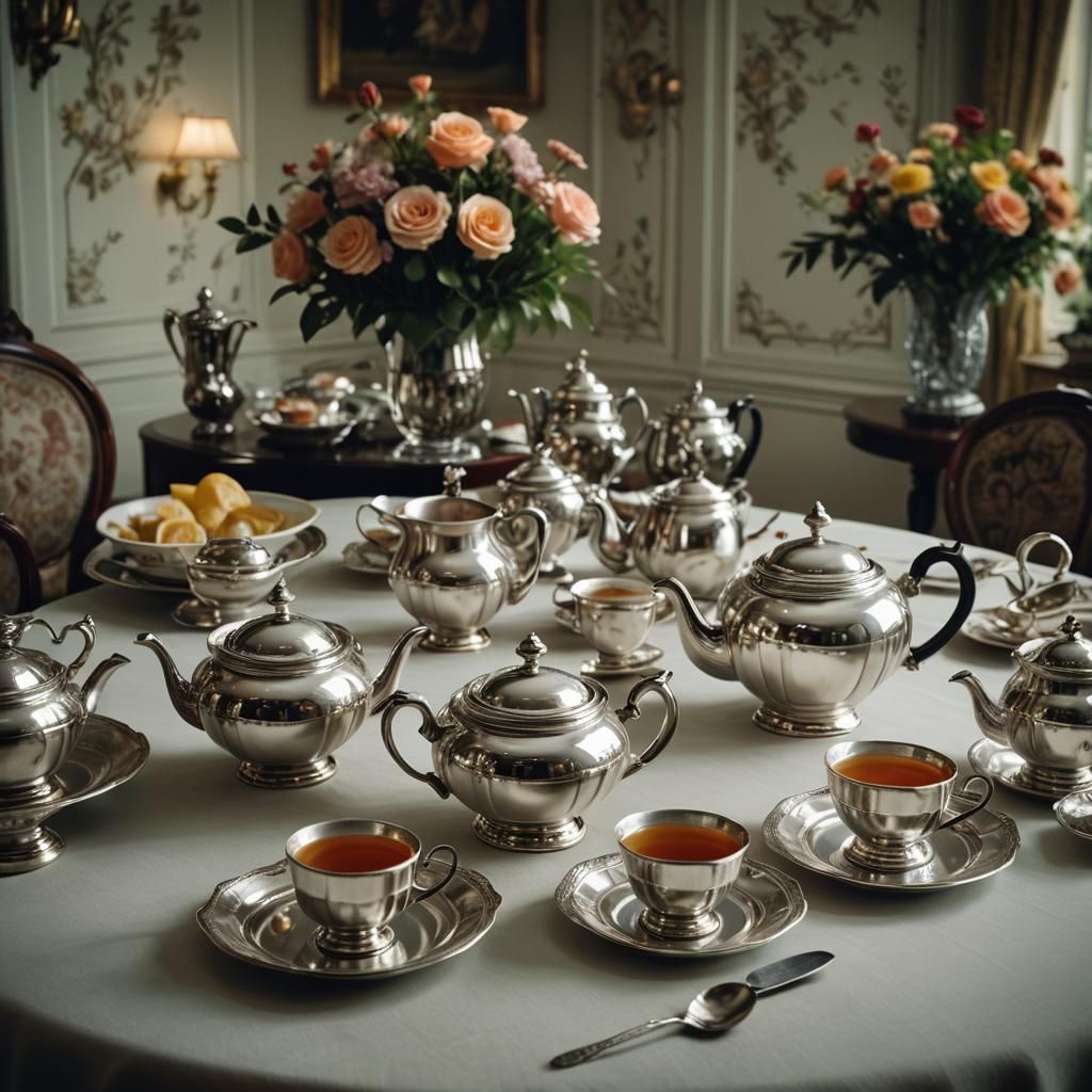 Elegant Tea Service in Atmospheric Cinematic Style