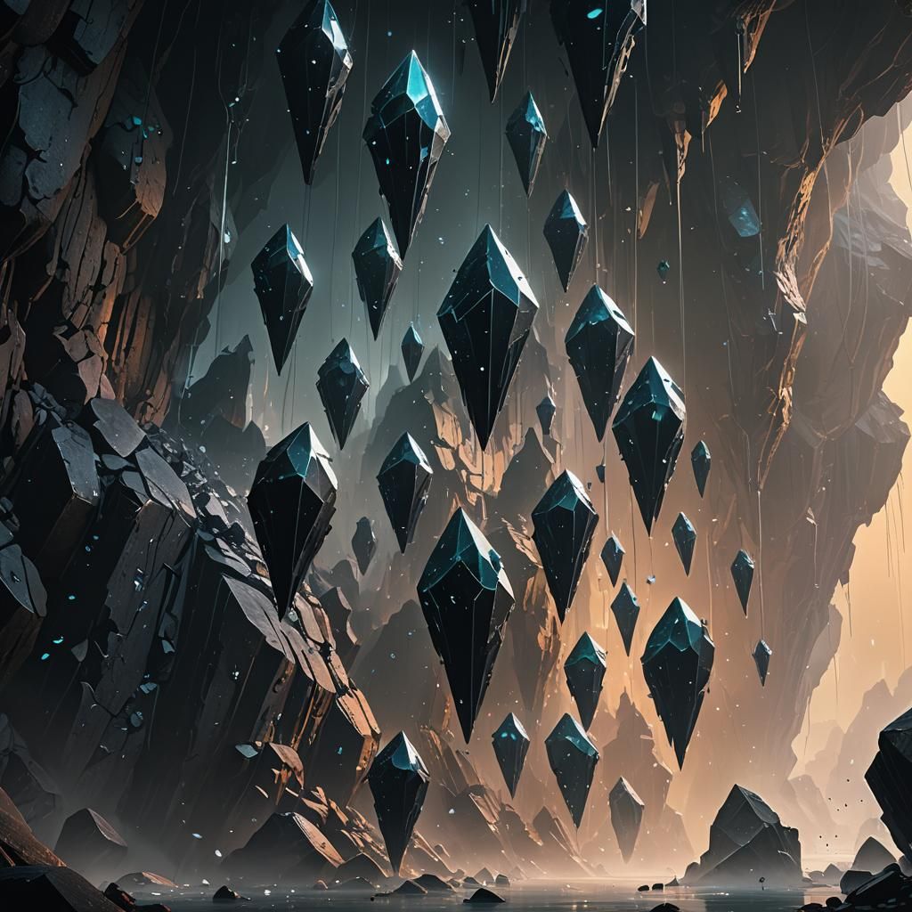 Black Crystals in Misty Cavern: Fantasy Concept Art