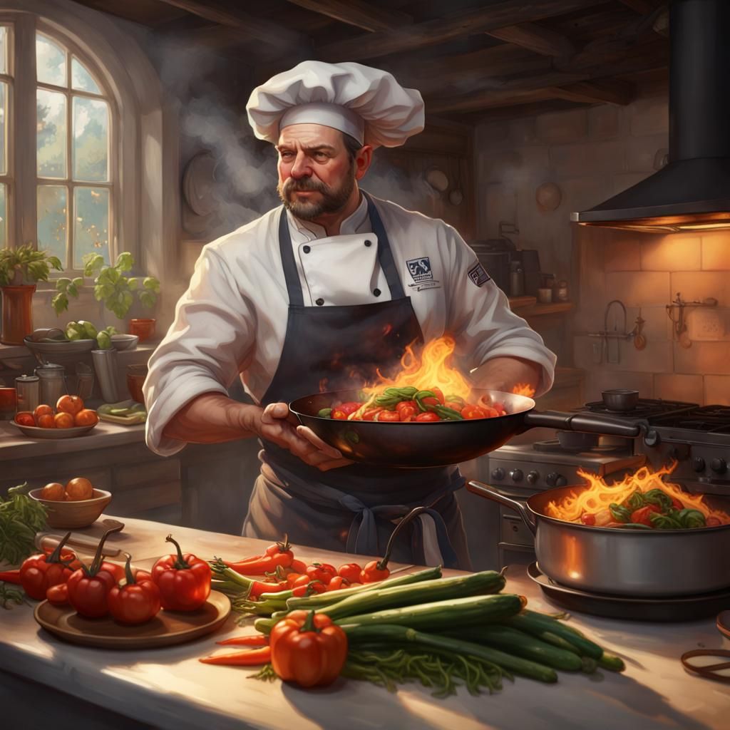 Chef Twirling Vegetables in Fiery Kitchen