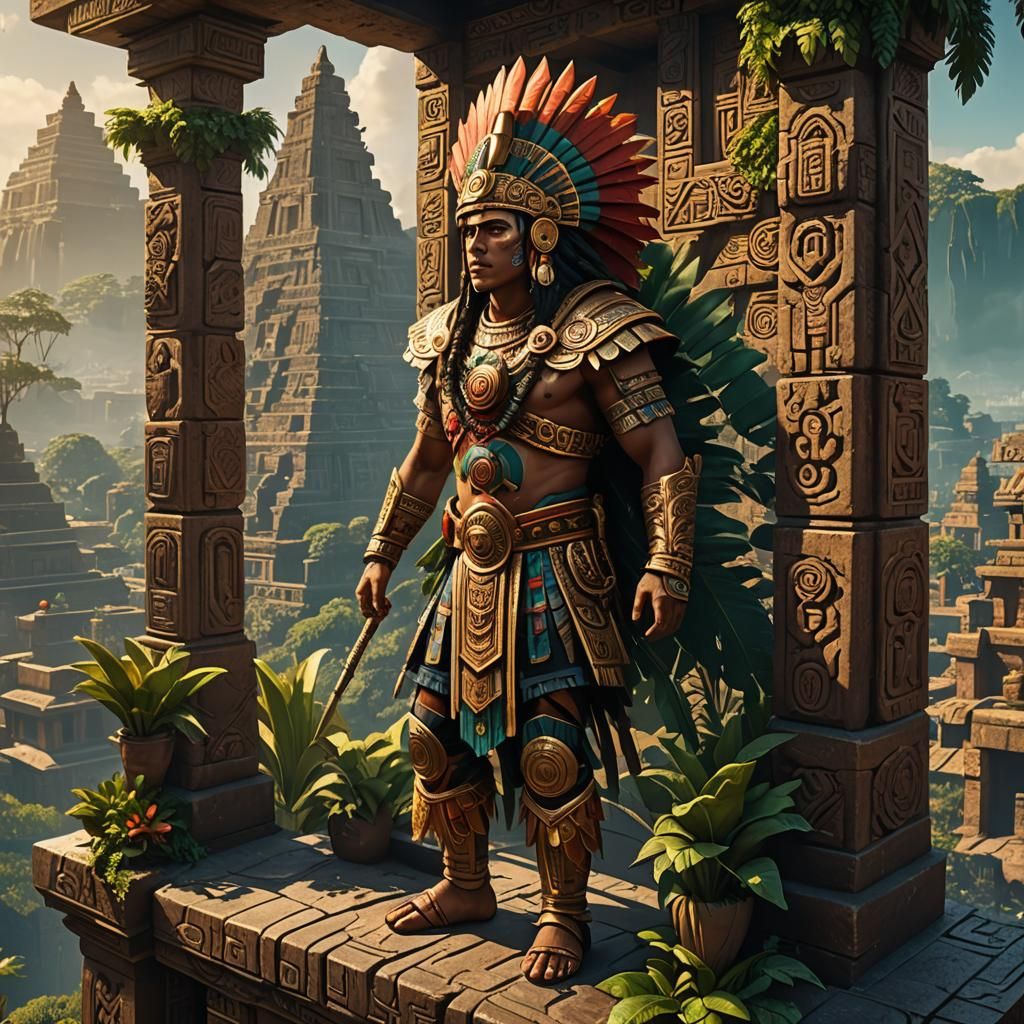 Aztec Warrior Overlooking City: Fantasy Concept Art