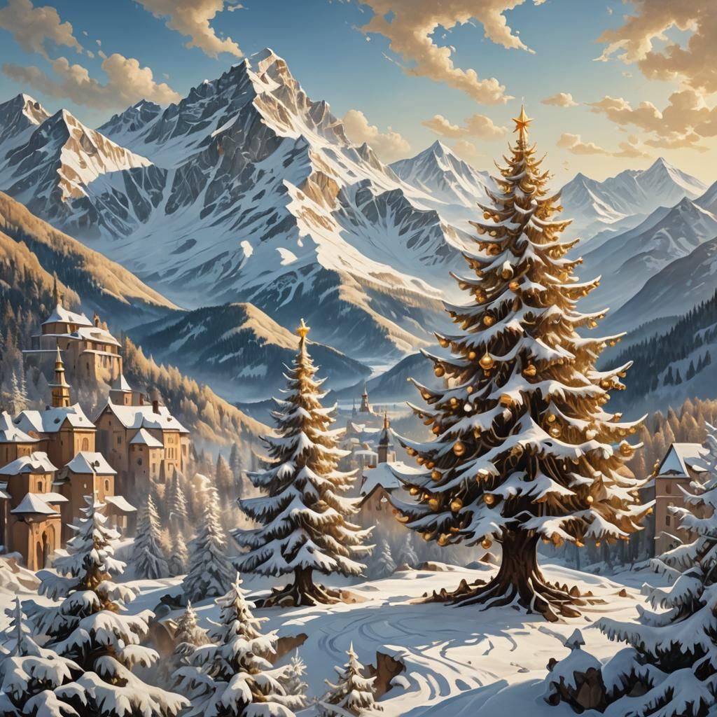 Baroque Christmas Tree in Winter Mountain Landscape