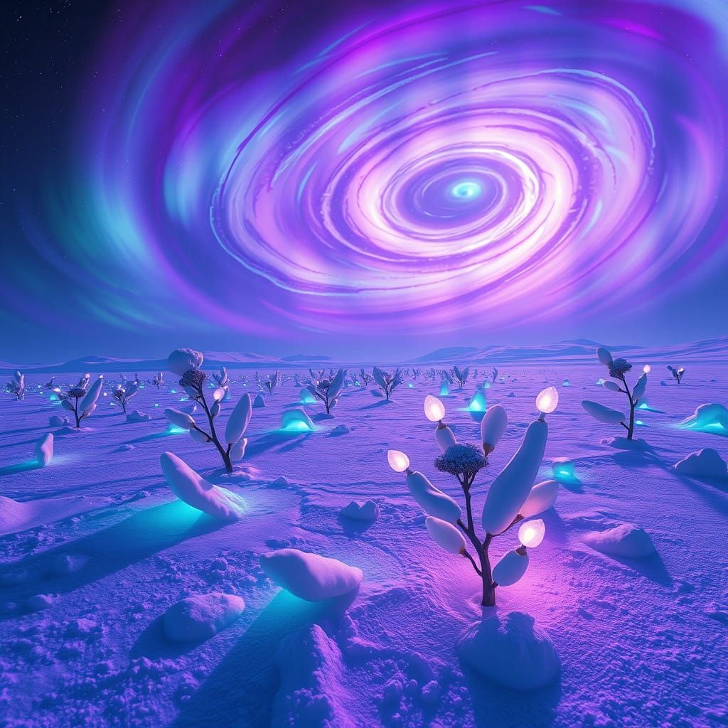 Surreal Alien Landscape with Bioluminescent Flora and Aurora...