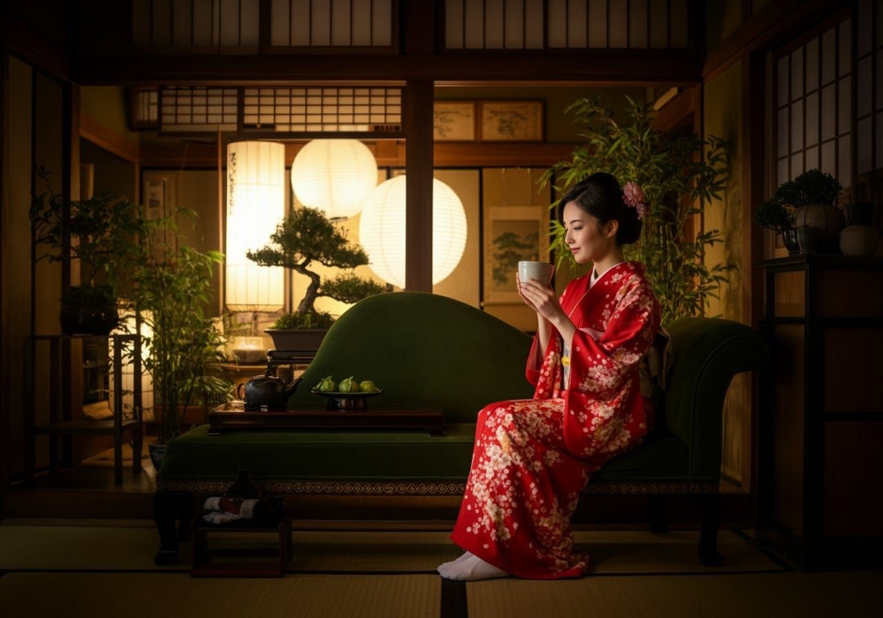 Serene Japanese Woman in Kimono in Ryokan