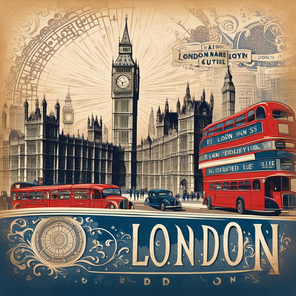 Vintage London Cityscape Postcard Illustration