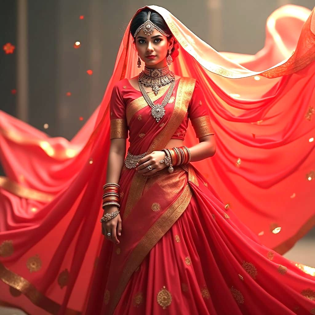 Hindu Bride in Red Gown: Detailed Matte Painting