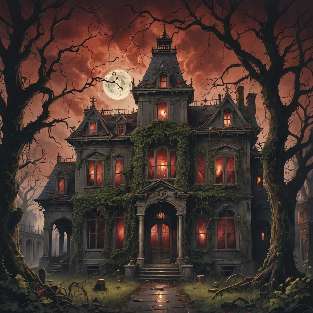 Zombie Apocalypse: Abandoned Mansion in Traditional Painting...