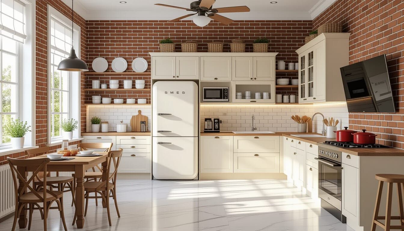Victorian Kitchen with Modern Appliances in Warm Light