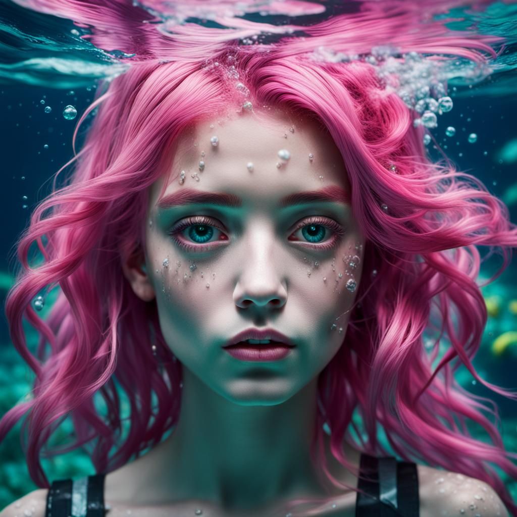 Underwater Woman with Pink Hair in HDR