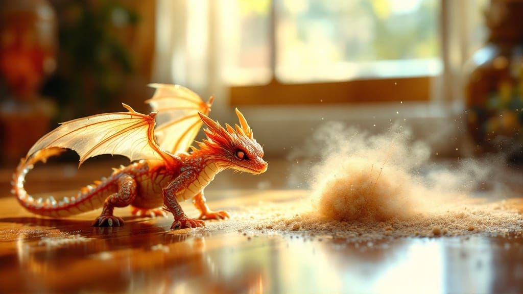 Tiny Dragon Readies to Strike in Sunlit Room