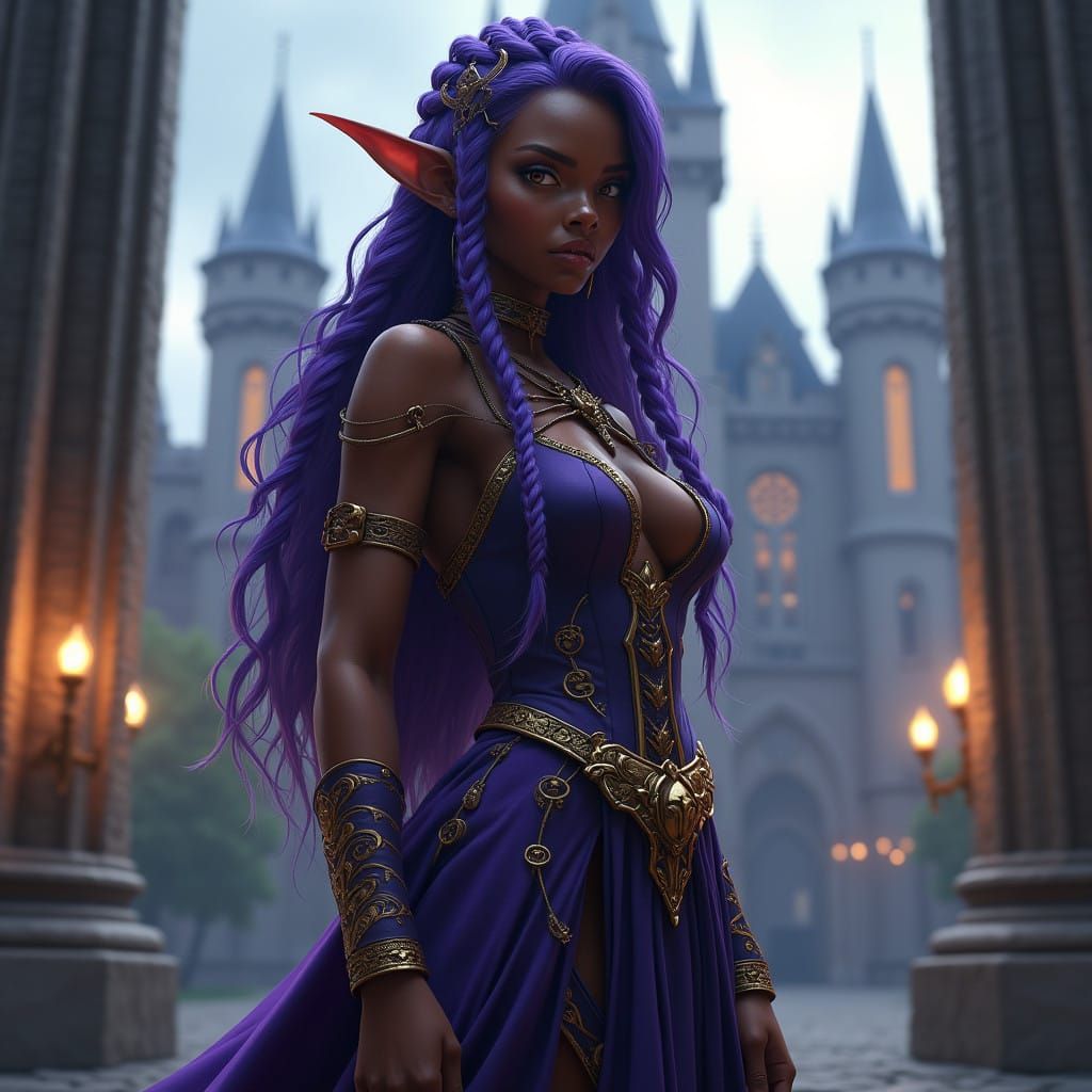 Epic Black Elf Mage in Regal Attire near Castle