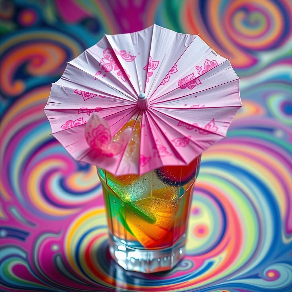 Origami Paper Umbrella in Cocktail, Pop Surrealism Style