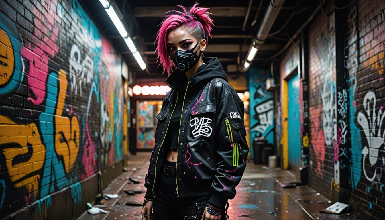 Dynamic Portrait of Street Artist in Urban Cybergoth Style