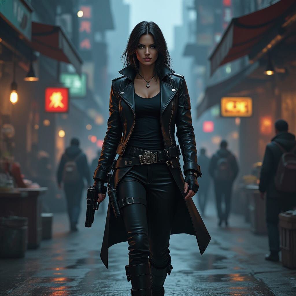 Confident Space Pirate Captain in Crowded Spaceport