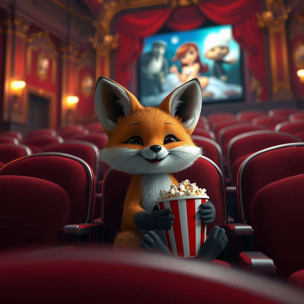 Fox's Night at the Cinema: Whimsical Digital Art