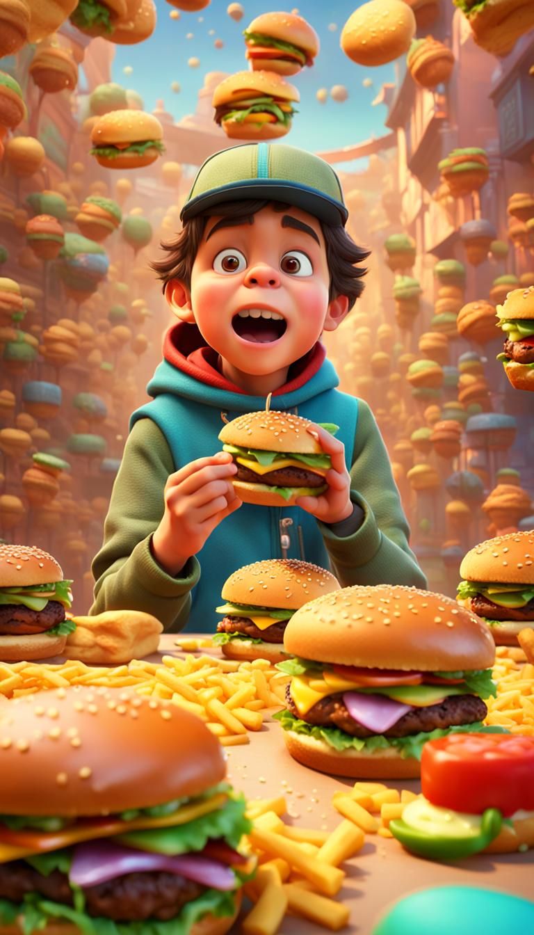 Silly Kid Devouring Sentient Cheeseburgers