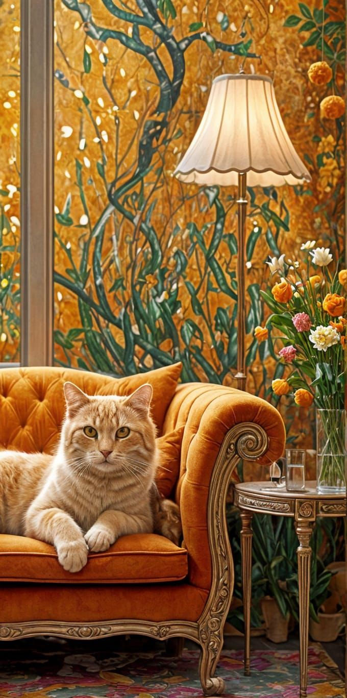 Whimsical Orange Cat Lounging in Sunroom