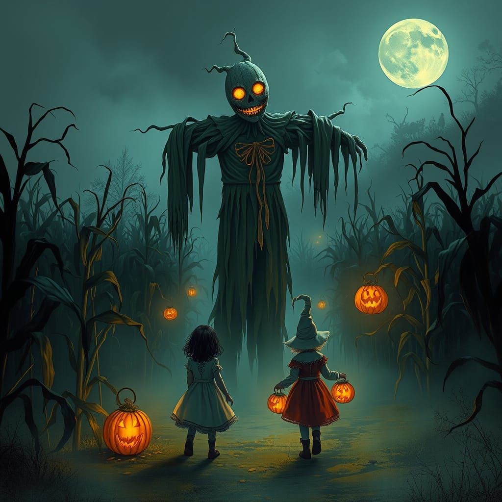 Ghostly Scarecrow in Foggy Cornfield at Nightmare Harvest Fe...