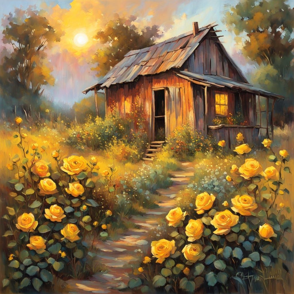 Impressionist Shack with Yellow Roses at Sunset