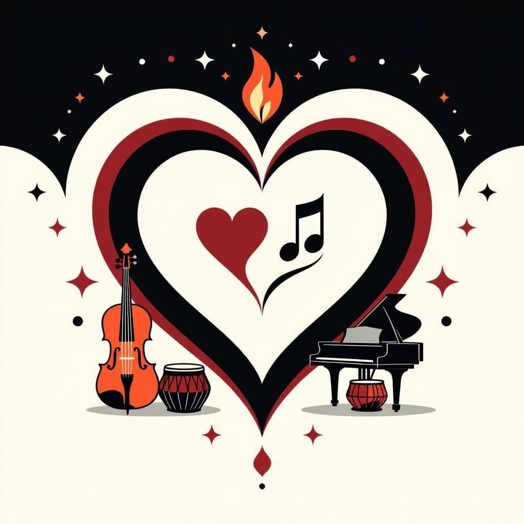 Heart and Music Logo with Instruments in Minimalist Style