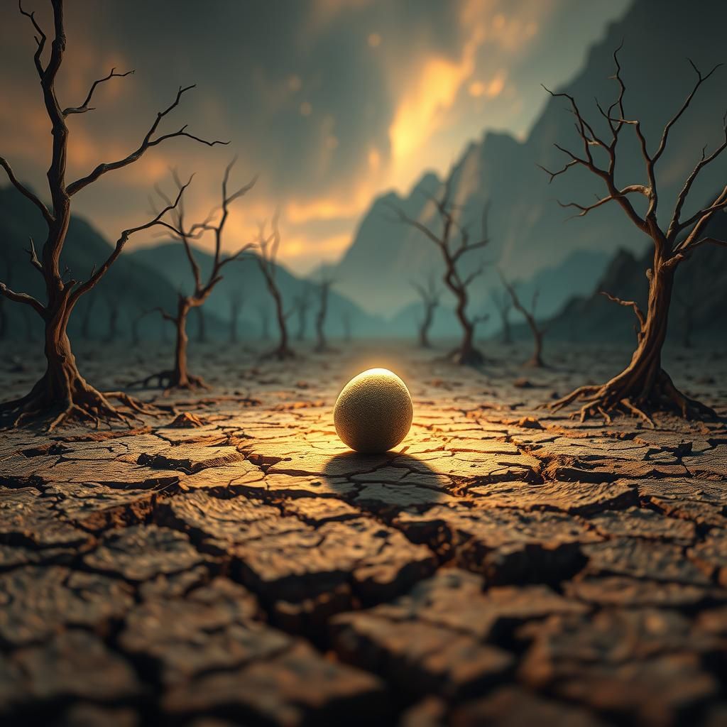 Glowing Seed in Barren Landscape: Hope and Renewal