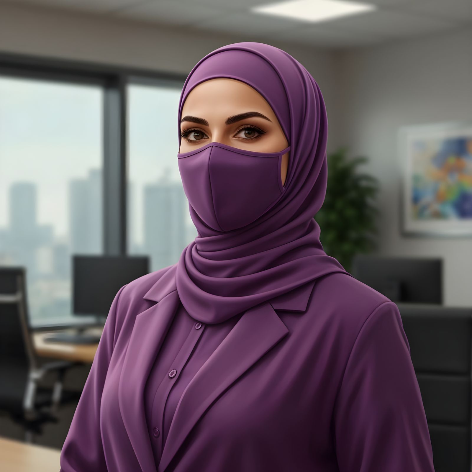 Confident Hijabi Businesswoman in Detailed Painting