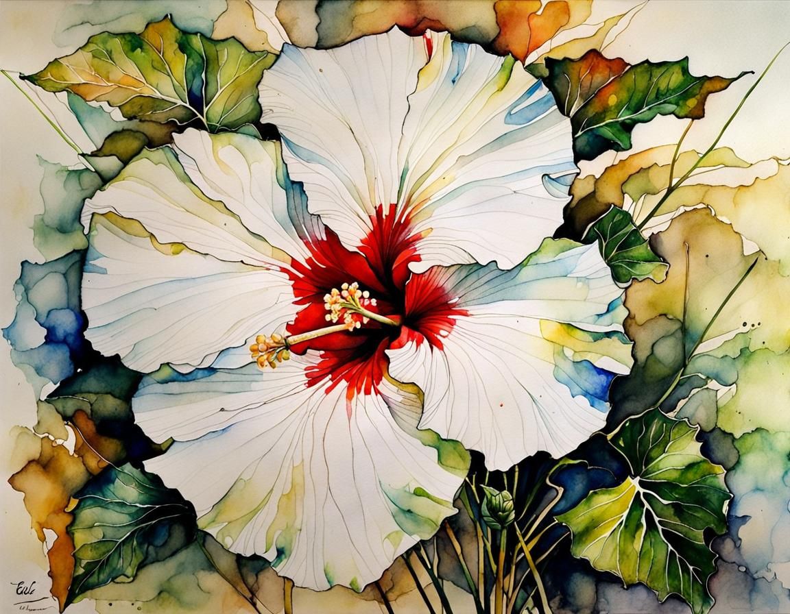 Ethereal White Hibiscus in Expressionist Mixed Media Style