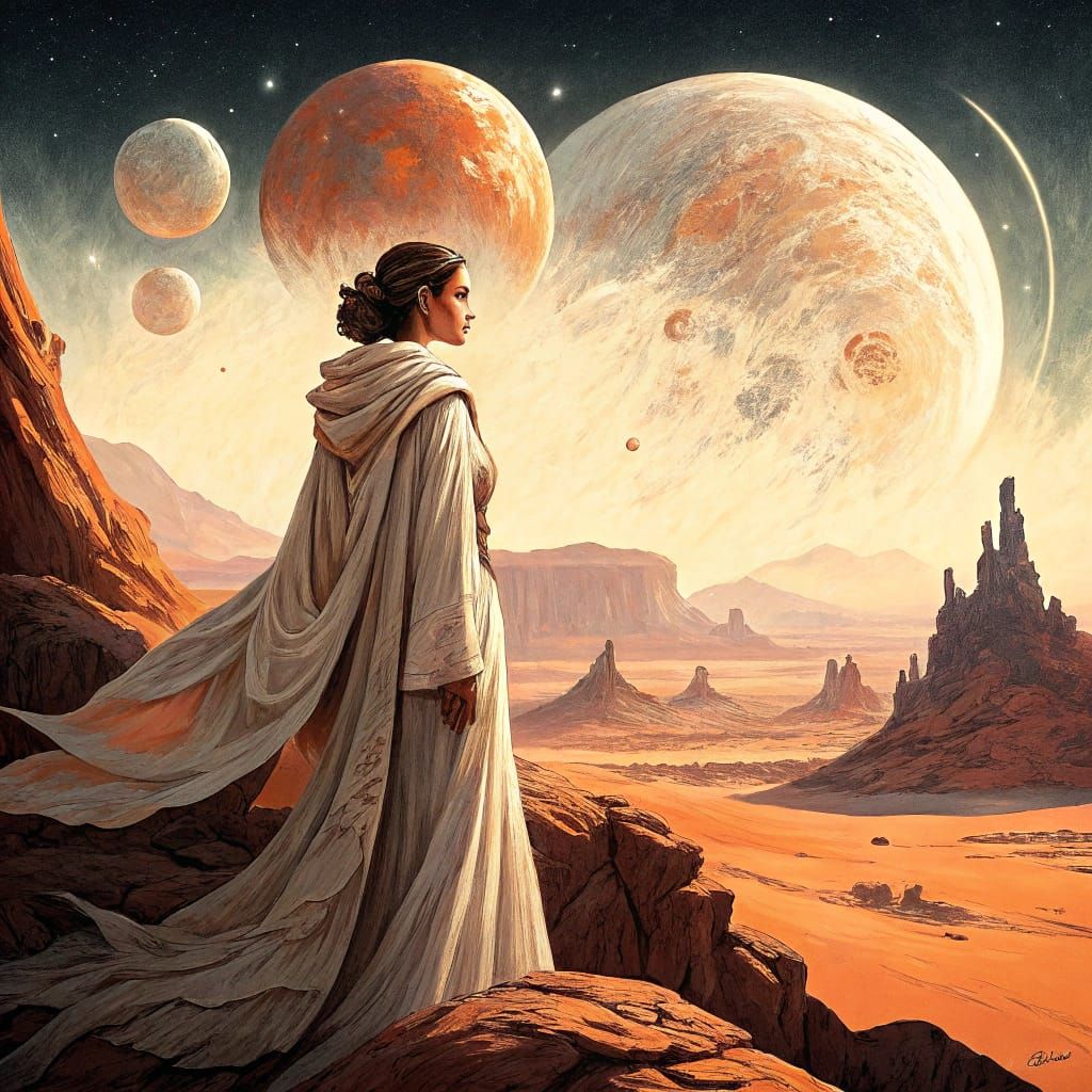 Padme on Tatooine in a Fantasy Painting Style