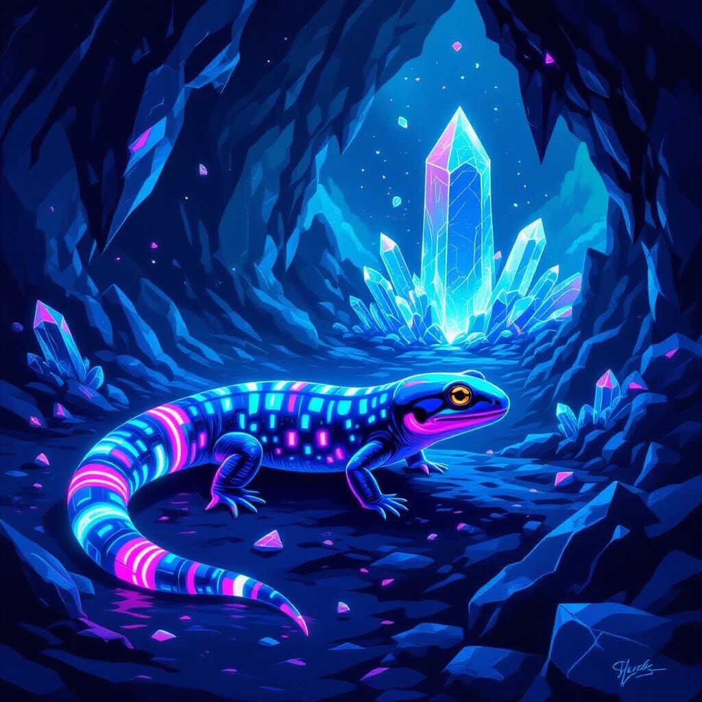 Neon Salamander in Glowing Crystal Cavern Digital Painting