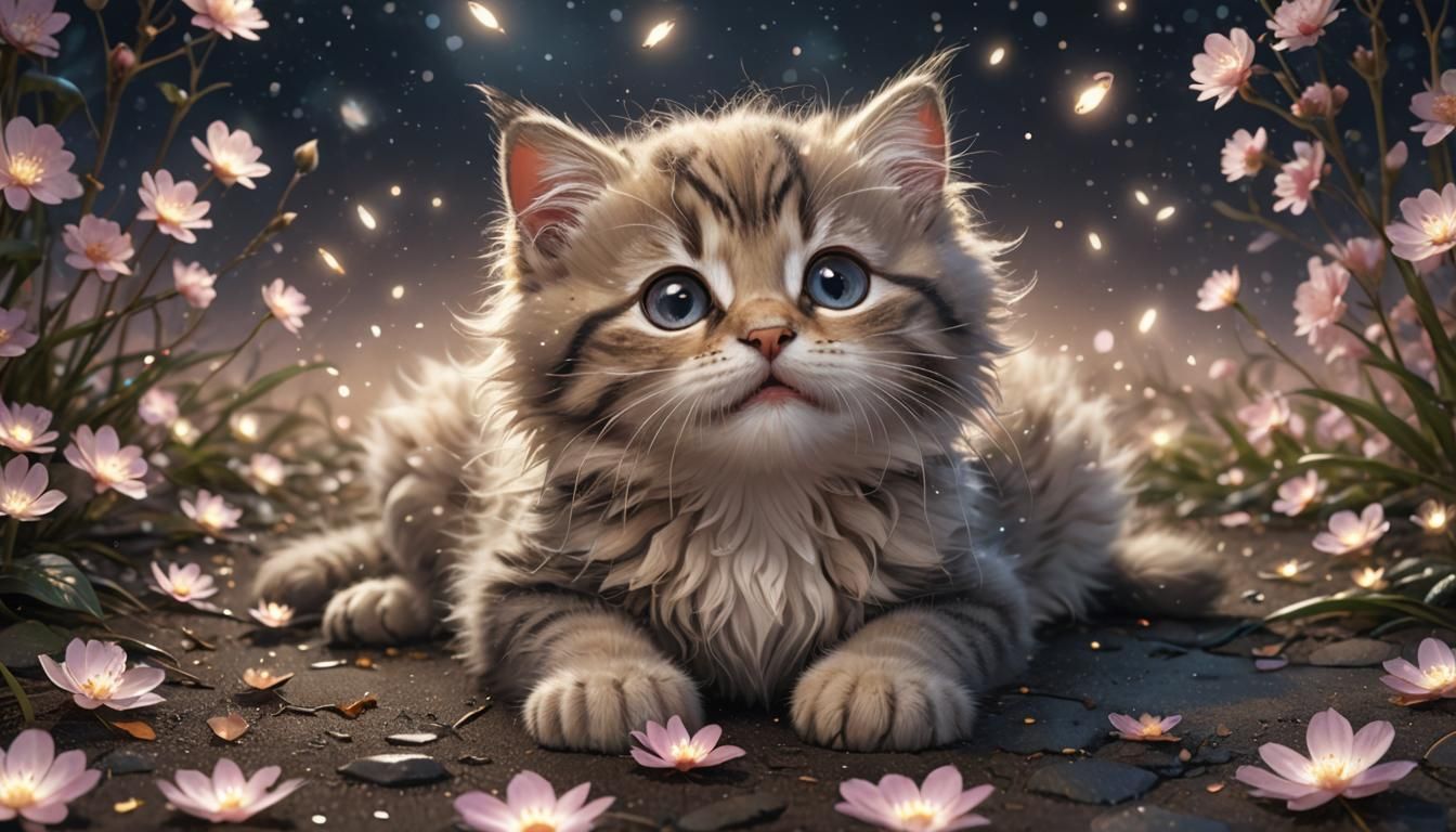 Cute Kitten with Fireflies and Sakura Petals
