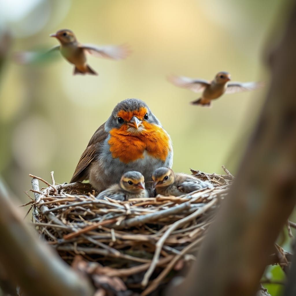 Robin with Nestlings: A Professional Bird Photo